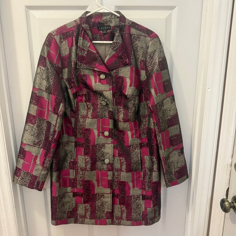 Tribal Women's Pink Purple Gray Silver Metallic Abstract‎ Long Coat Jacket Sz 12